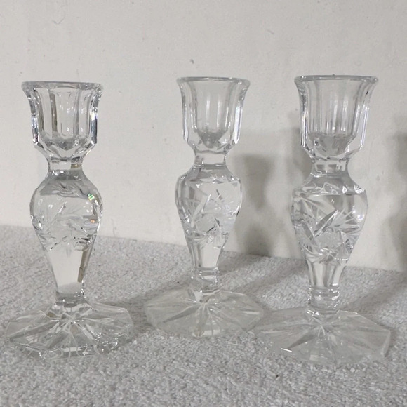 Vintage Clear Lead  Crystal whirling Star Pinwheel Candlestick Holders X3 - Picture 4 of 12